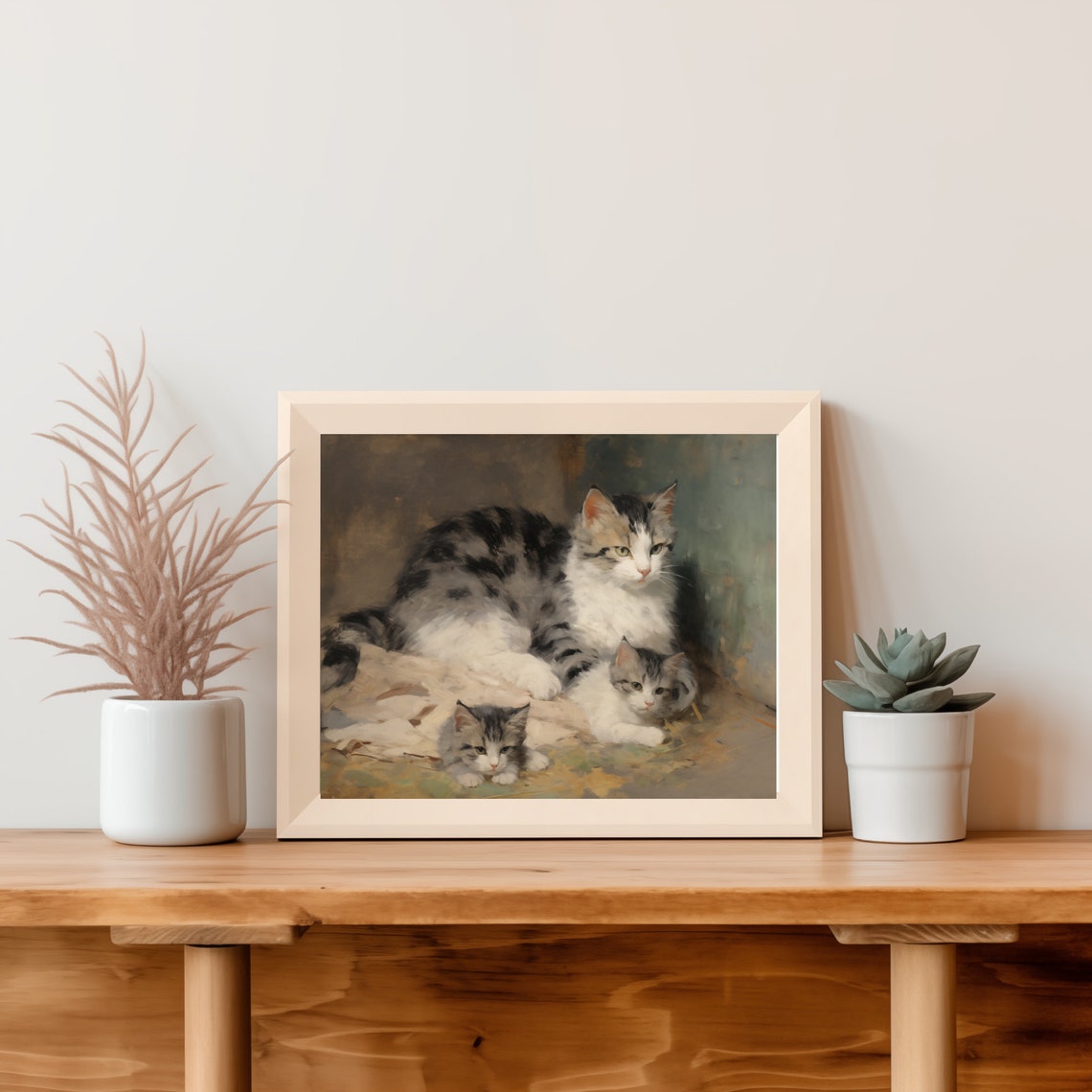 Mother Cat With Two Kittens Vintage Style Pet Portrait Poster - Image 4