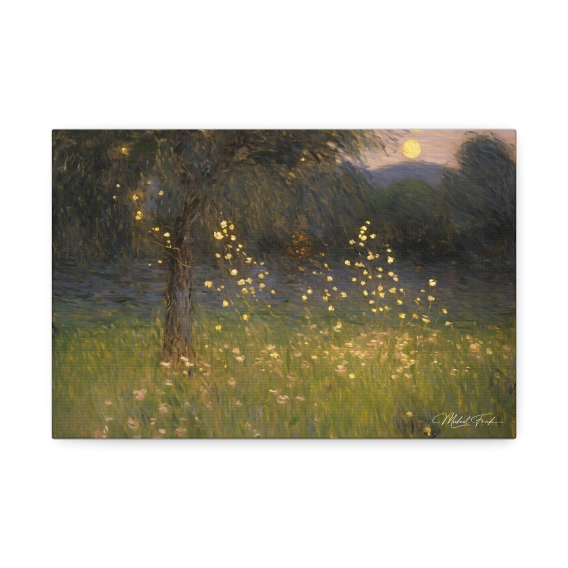Fireflies Glowing Over A Moonlit Meadow At Twilight Wall Art - Image 2