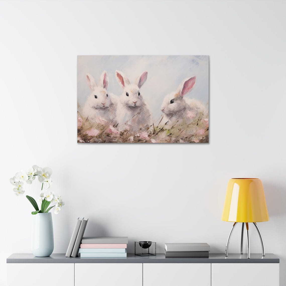 Three Fluffy White Bunnies Among Pink Meadow Flowers Art Print - Image 7