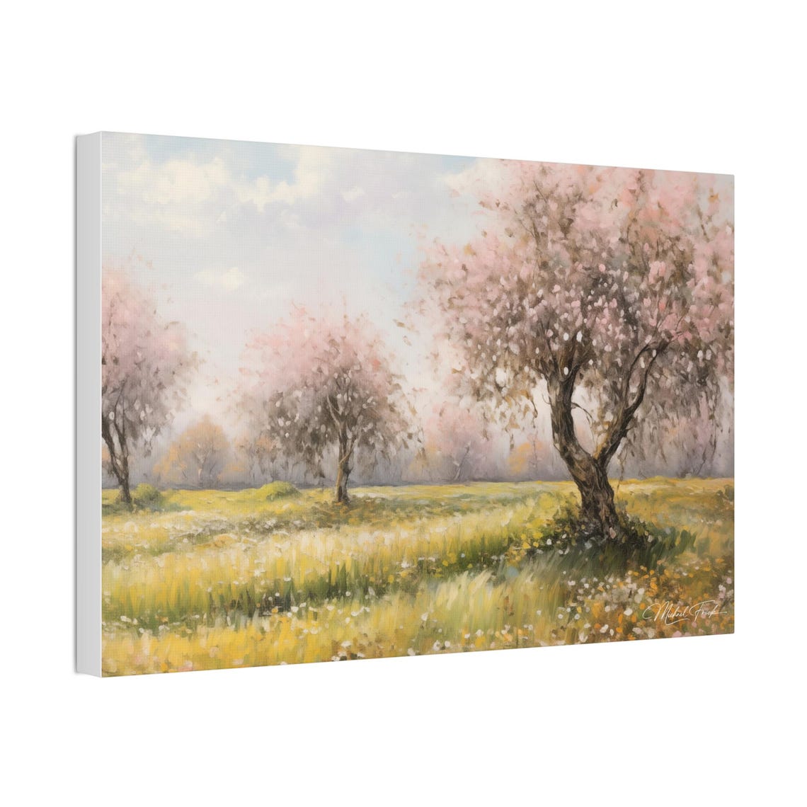 Blooming Cherry Trees Over A Golden Spring Meadow Art Poster - Image 4