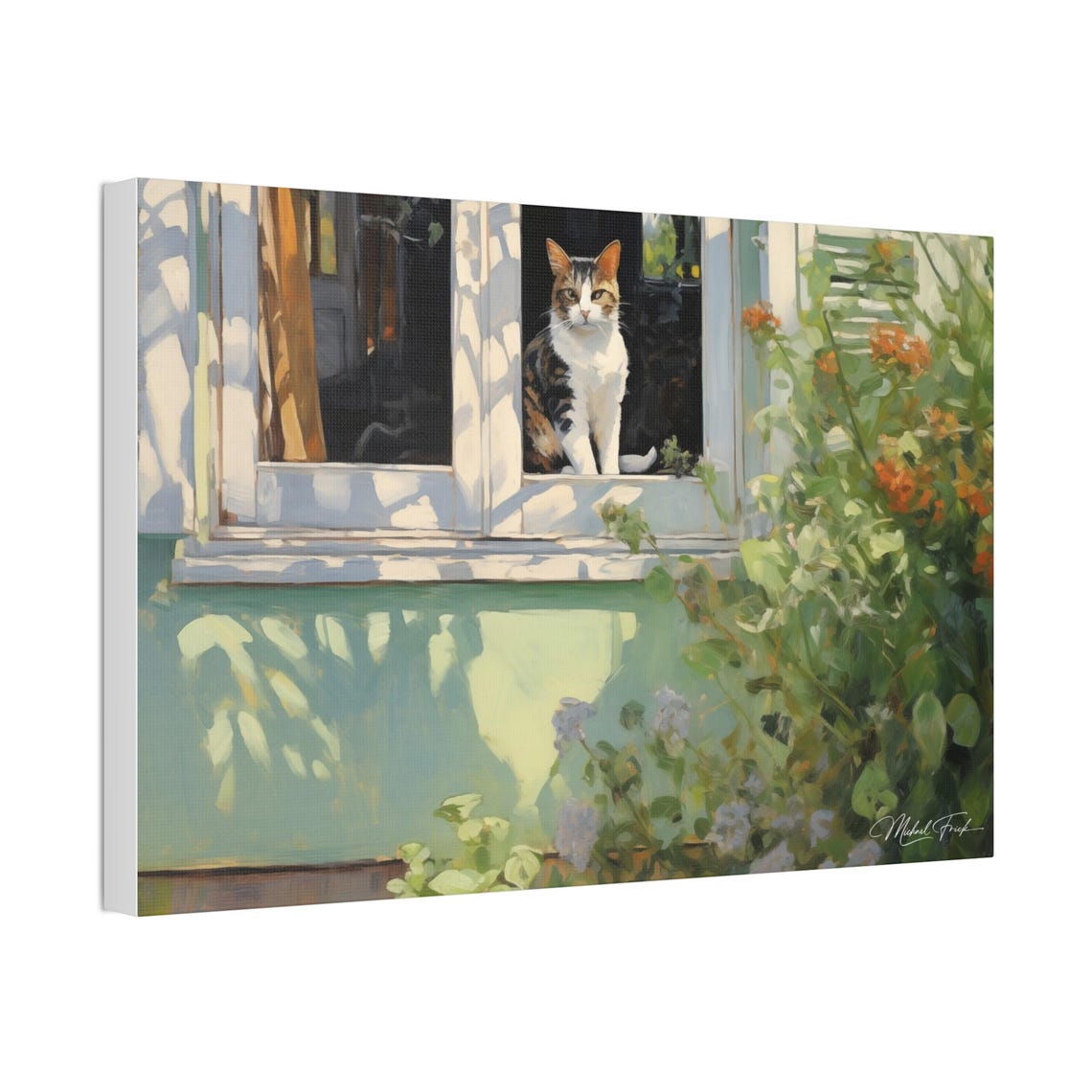 Sunlit Tabby Cat Sitting in Cottage Window Flower Art Poster - Image 4