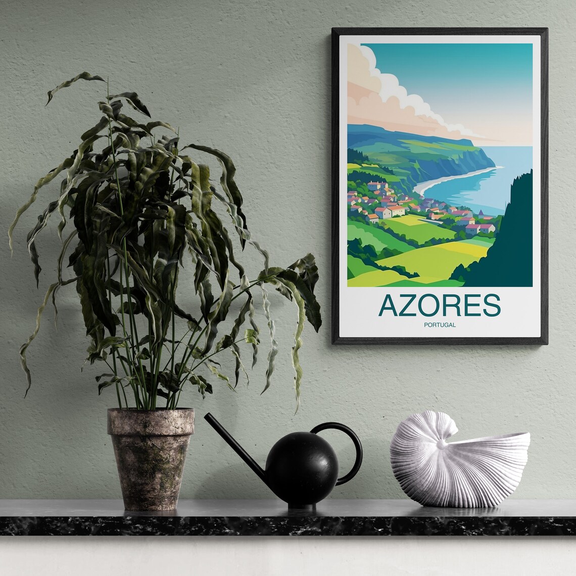 Azores Portugal Coastal Cliffs Seaside Village Travel Art Poster - Image 2