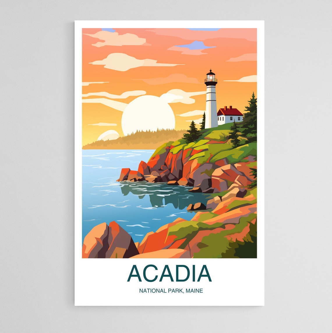 Acadia National Park Maine Lighthouse Rocky Coast Sunset Poster