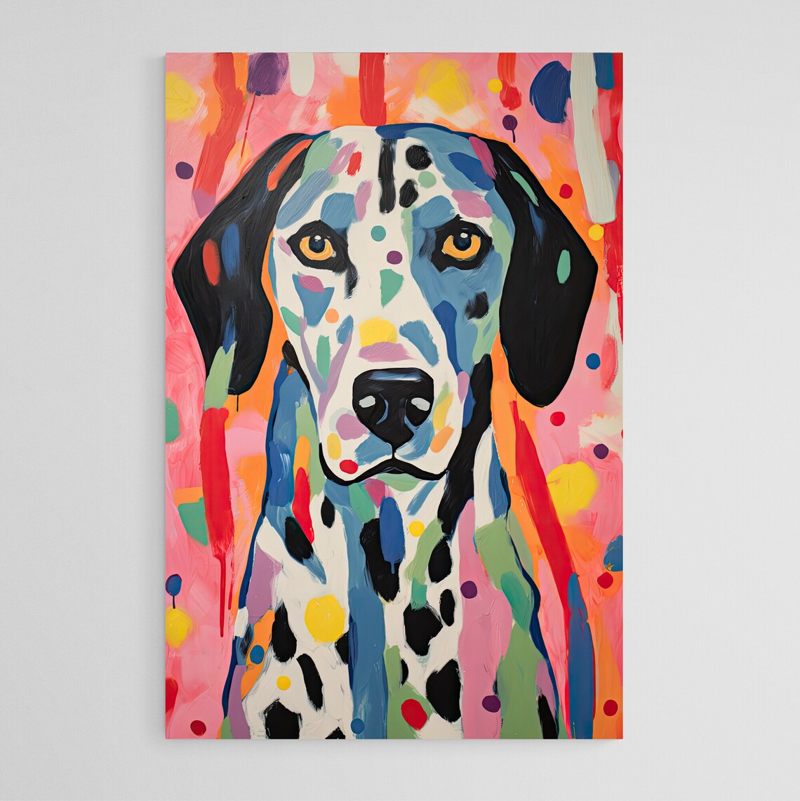 Dalmatian Spotted Pop Art Portrait with Pink Rainbow Background Poster