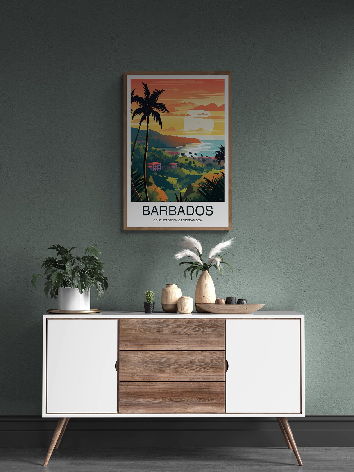Barbados Caribbean Golden Sunset Palm Beach Travel Art Poster - Image 2