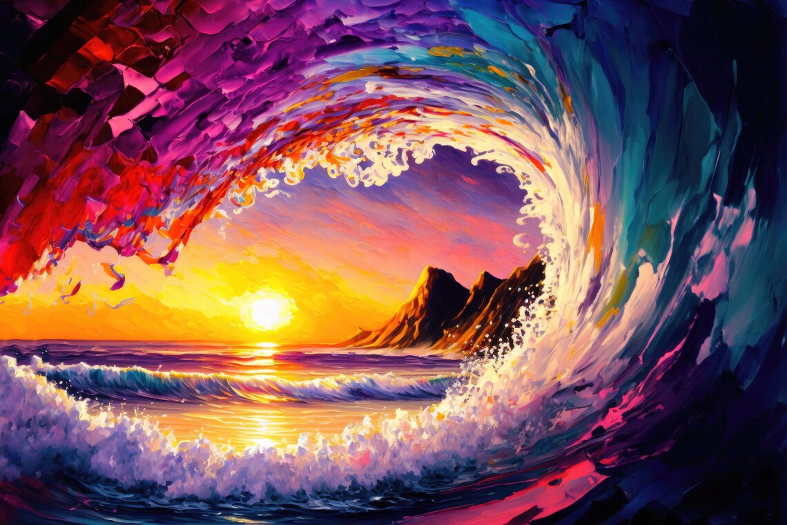 Hawaii Ocean Wave Pipeline Surfer Art Print, Sunset - Image 5