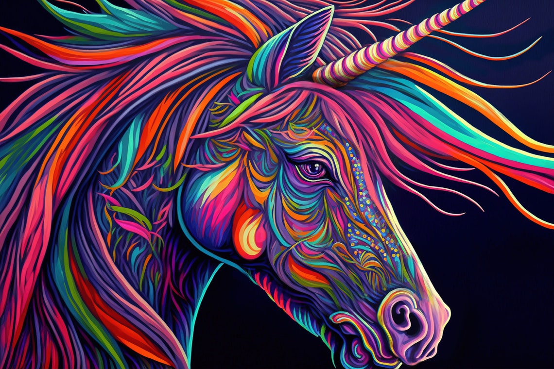Neon Psychedelic Unicorn Head Dark Background Magical Horse Art Poster - Image 5
