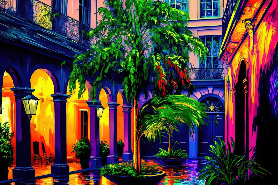 New Orleans French Quarter Courtyard Night Colorful NOLA Travel Poster - Image 5