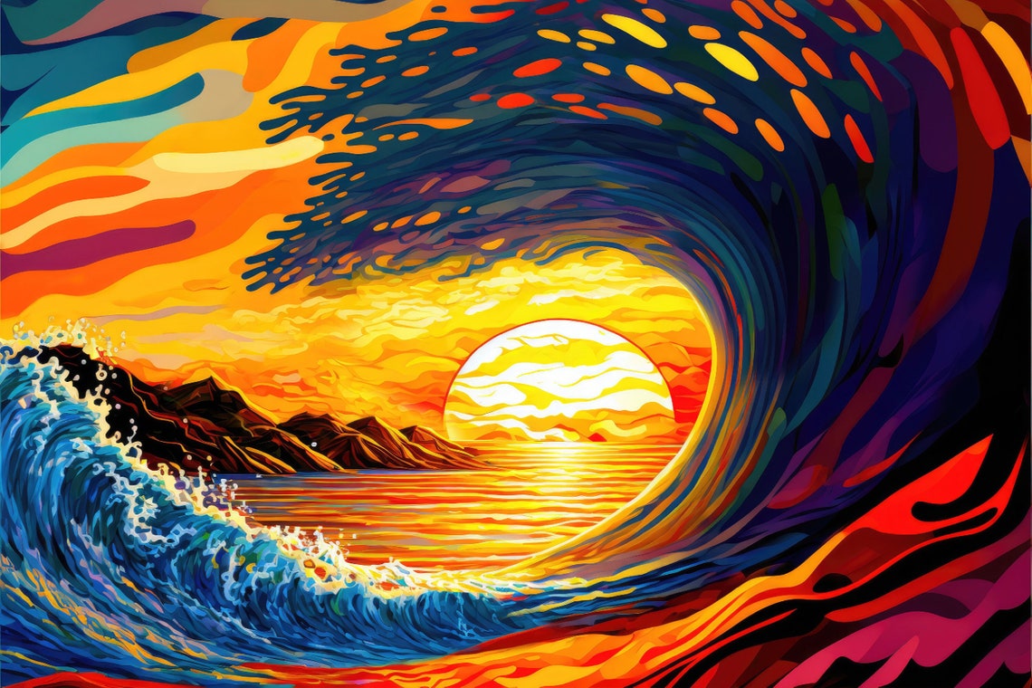 Ocean Wave Art Print Surf California Print Sunset Pipeline Painting Big Wave Colorful Artwork - Image 5
