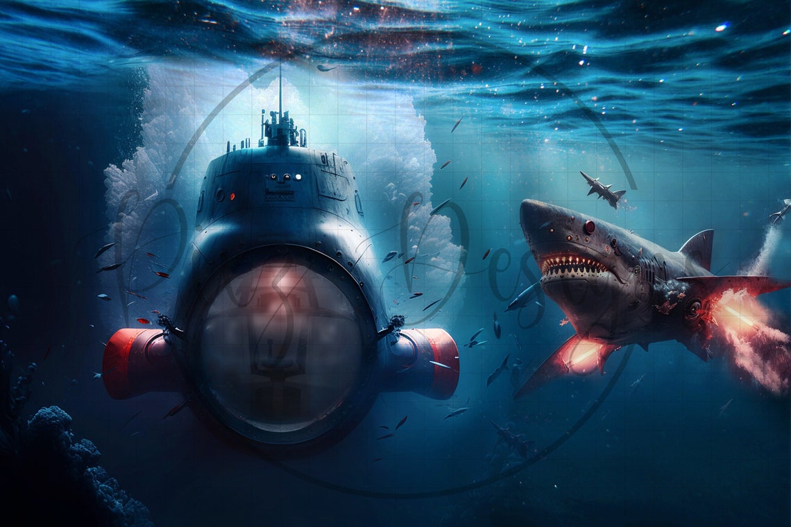 Shark Versus Submarine Deep Sea Underwater Battle Scene Art Poster