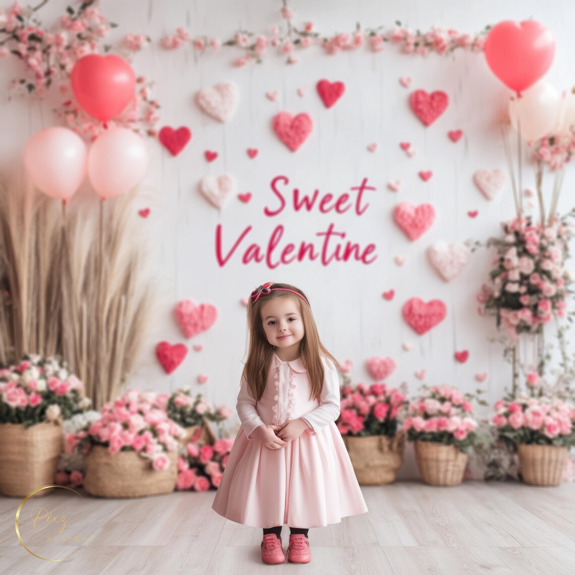 Valentines Day Romantic Backdrop, Heart Flowers Balloons