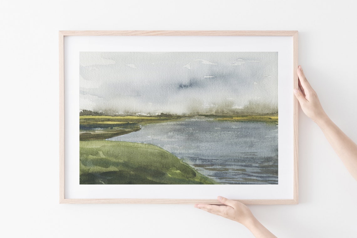 Misty Green Lake Watercolor Landscape Serene Nature Calm River Print