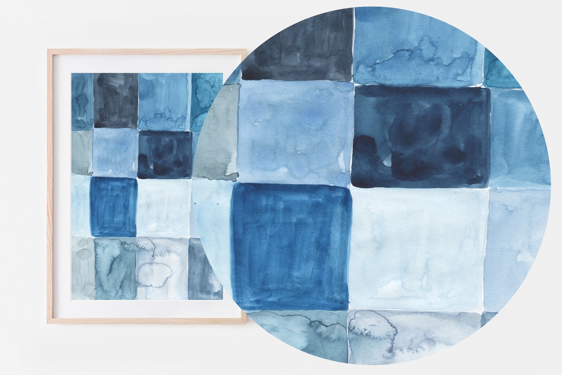 Blue Watercolor Checkerboard Grid Squares Geometric Art Print - Image 2