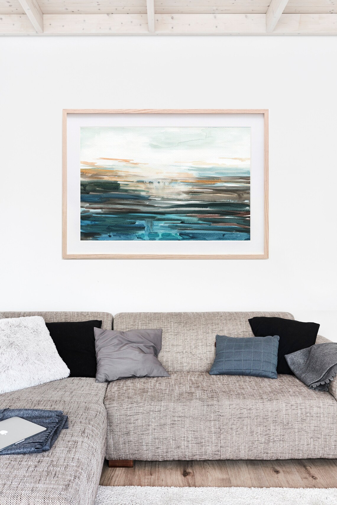 Abstract Coastal Landscape Watercolor Art Teal Sunset Hues Wall Art - Image 3