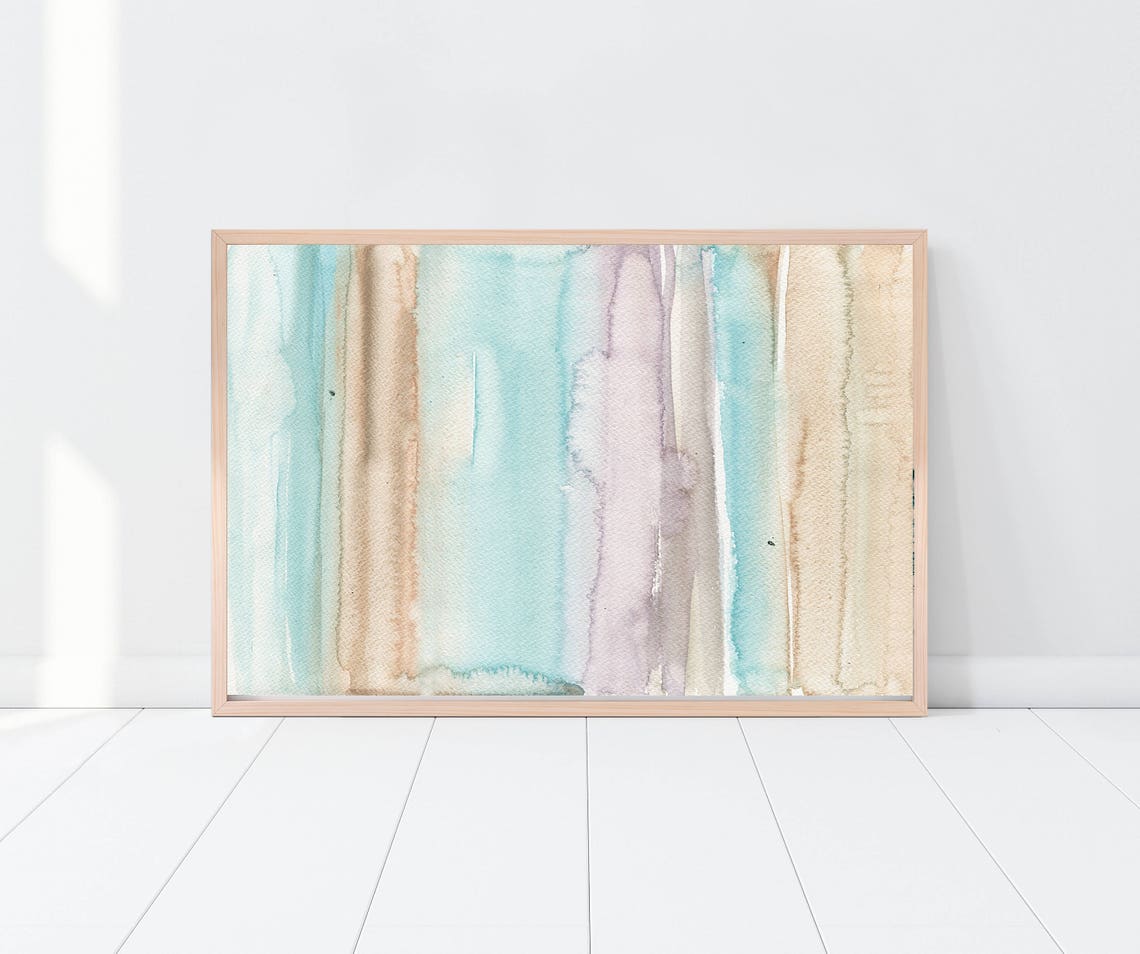 Serene Coastal Blue Beige Abstract Watercolor Stripe Art Poster - Image 2
