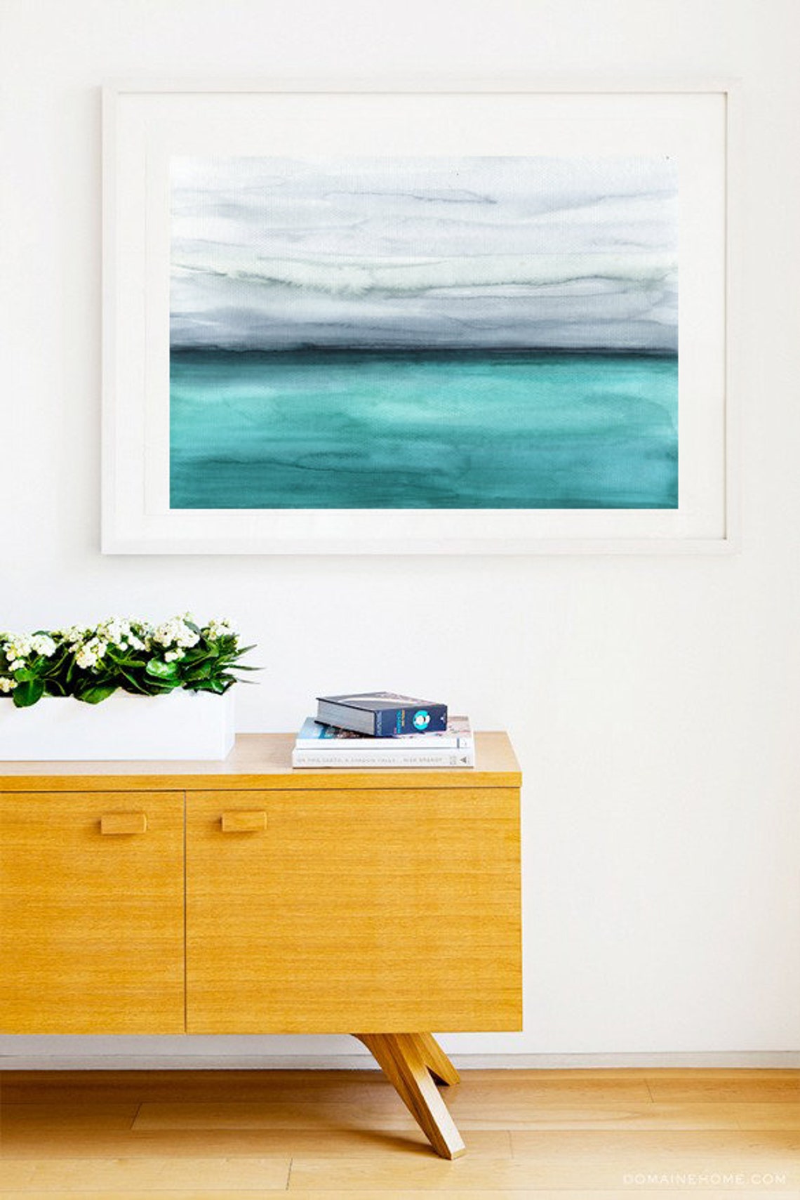 Teal Ocean Watercolor Seascape Gray Sky Minimal Coastal Poster - Image 3