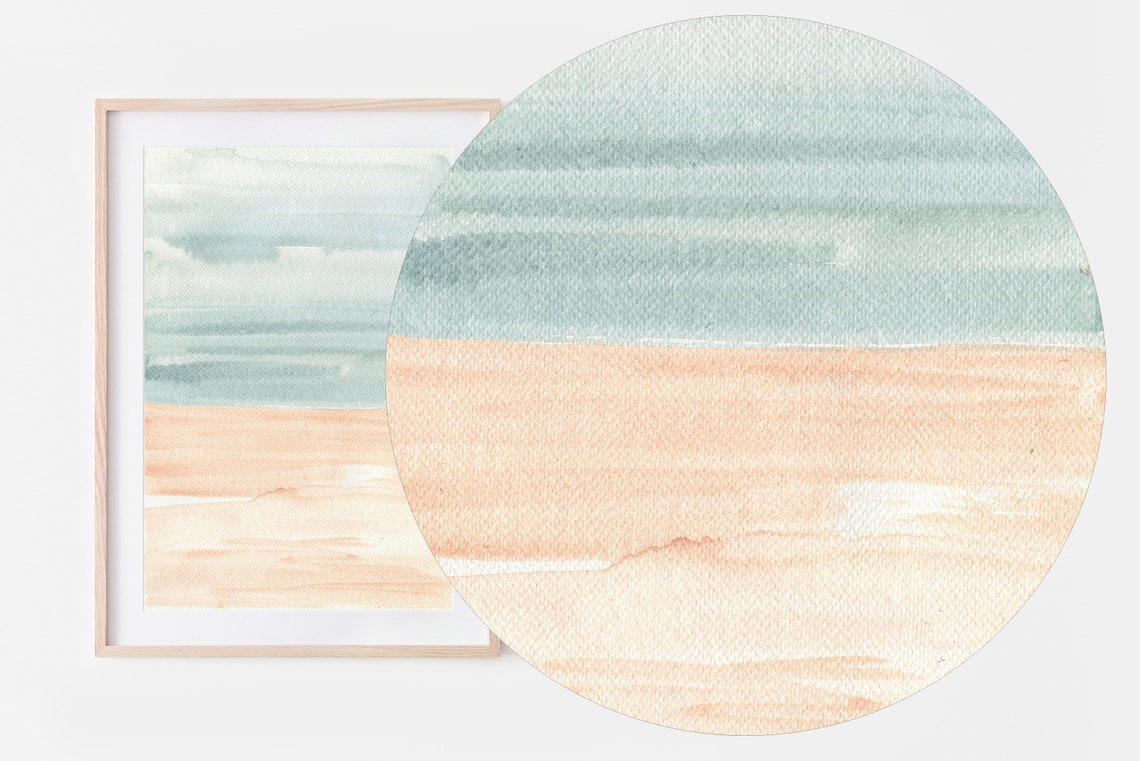 Pastel Blue Peach Watercolor Poster Soft Gradient Bands Calm Beach Art - Image 2