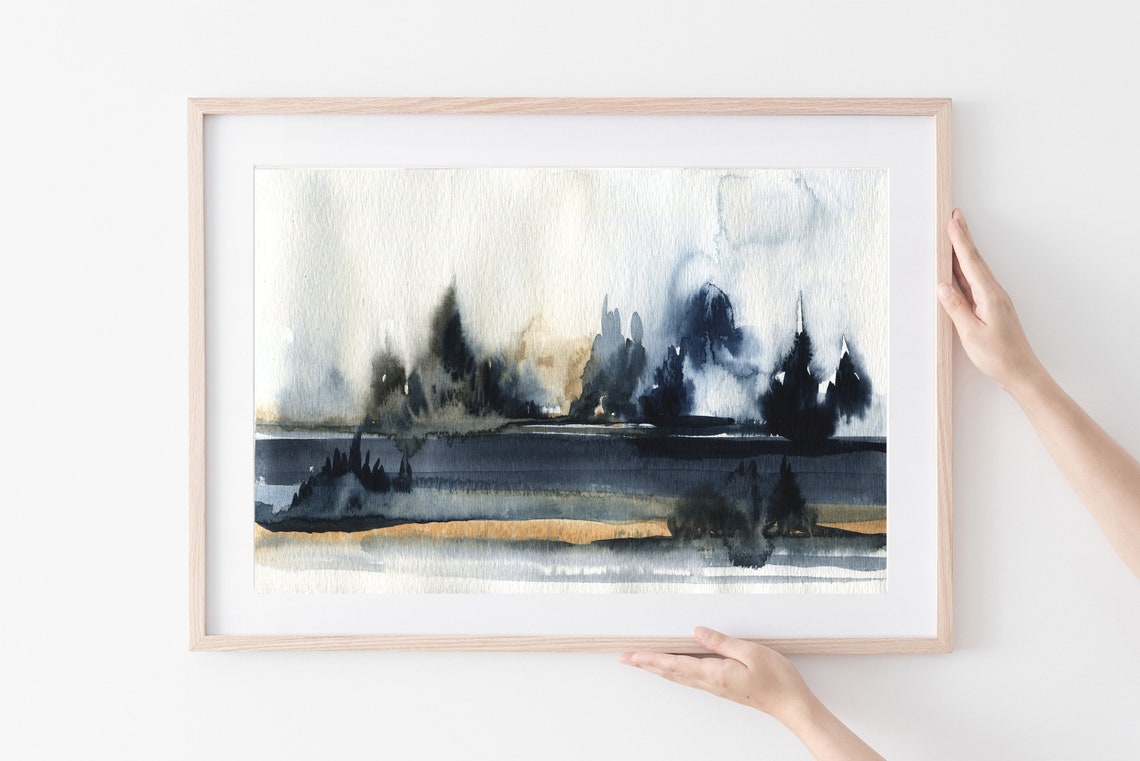 Abstract Watercolor Forest Horizon Navy Gold Misty Tree Line Wall Art