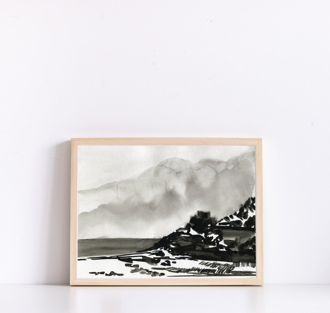 Black And White Ink Wash Coastal Hills Misty Landscape Art Print - Image 2