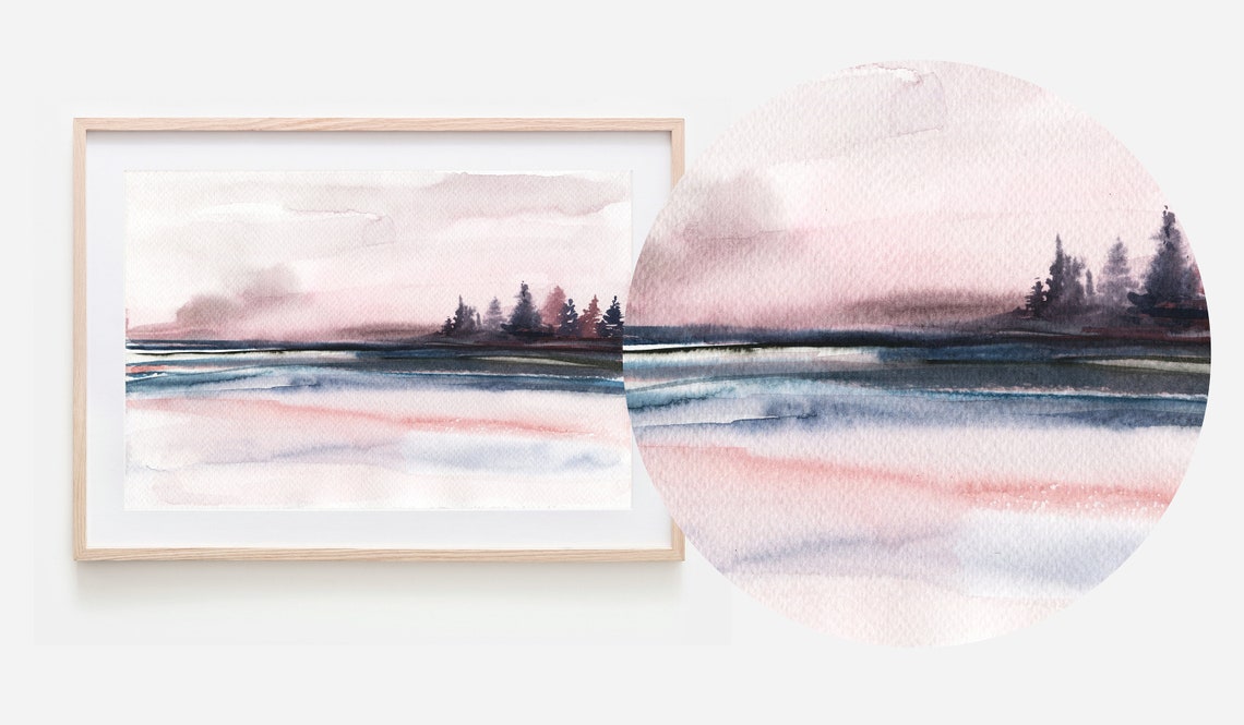 Pink Blue Misty Lake Landscape Watercolor Pine Trees Dawn Wall Art - Image 3