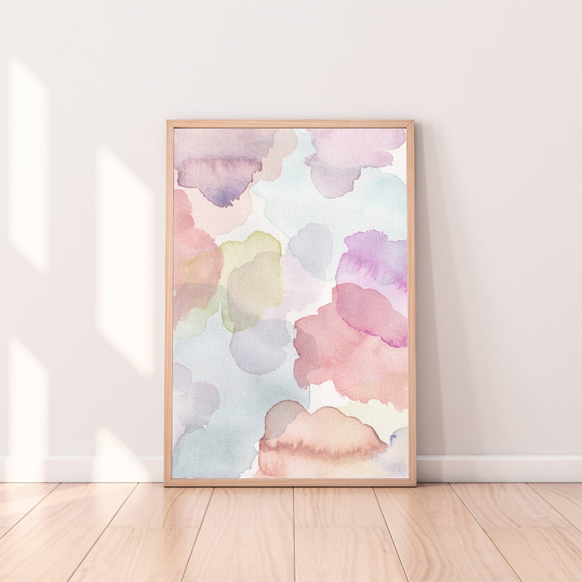 Soft Pastel Watercolor Cloud Shapes Pink Blue Abstract Wall Art - Image 2