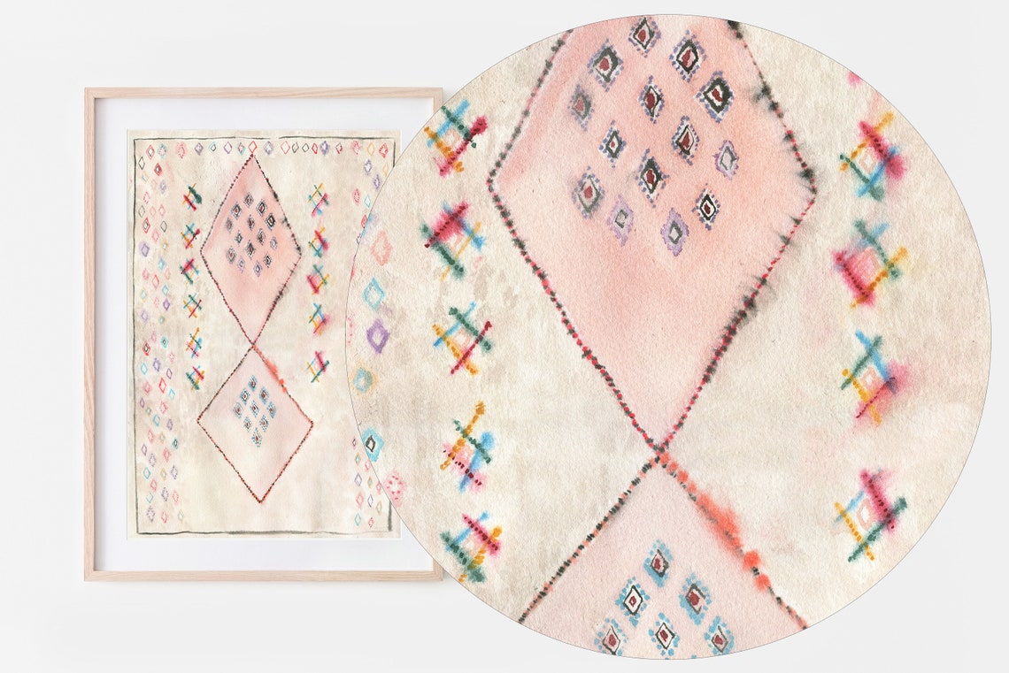 Pink Moroccan Rug Diamond Pattern Boho Textile Watercolor Wall Art - Image 3