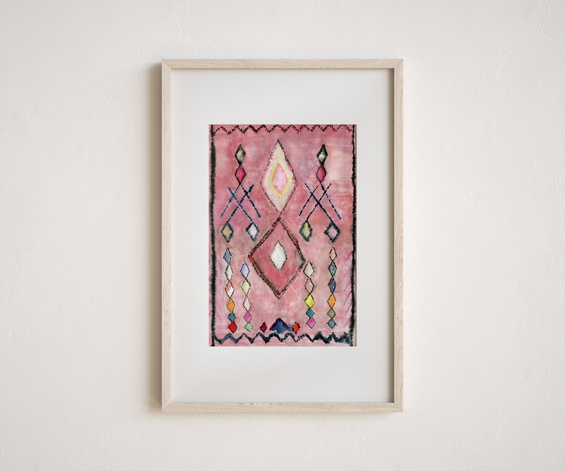 Pink Moroccan Rug Style Diamond Motif Tribal Geometric Art Print