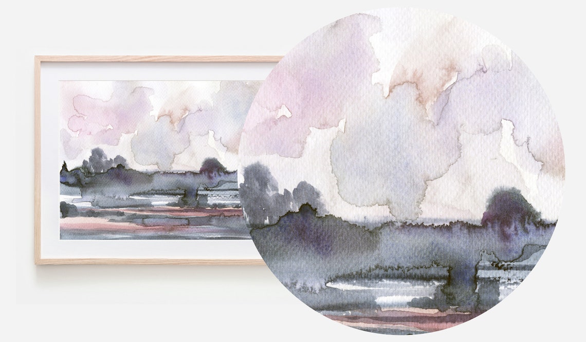 Pink Gray Blue Watercolor Poster Abstract Misty Landscape Soft Horizon - Image 3