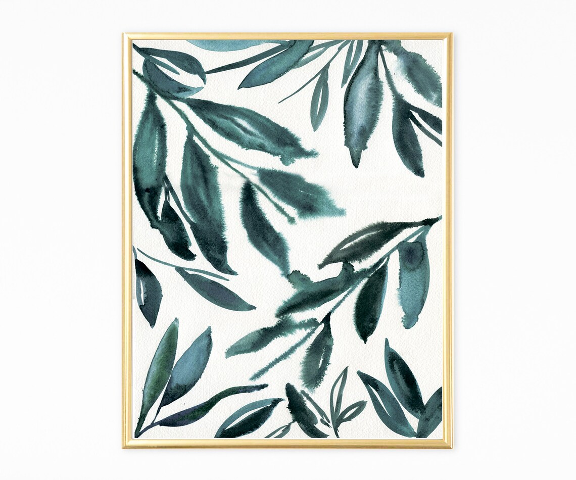 Teal Botanical Watercolor Leaves Greenery Nature Art Print Decor