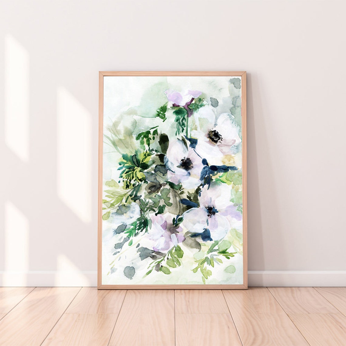 White Floral Watercolor Bouquet Green Leaves Soft Botanical Wall Art - Image 2
