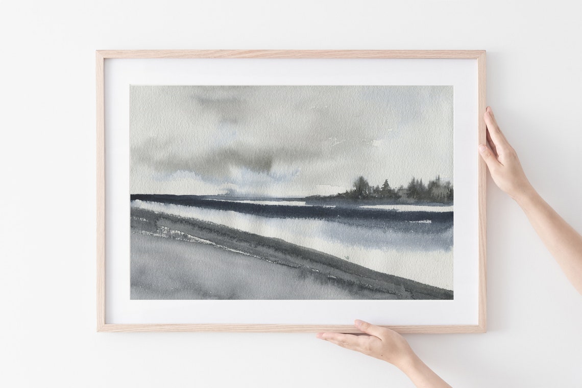 Moody Gray Watercolor Misty Lake Distant Treeline Minimal Print
