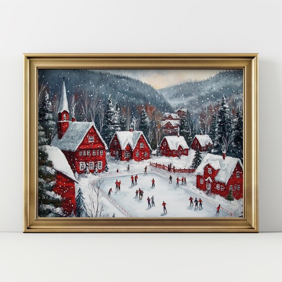 Vintage Snowy Village Ice Skating Rink Winter Landscape Scene Wall Art