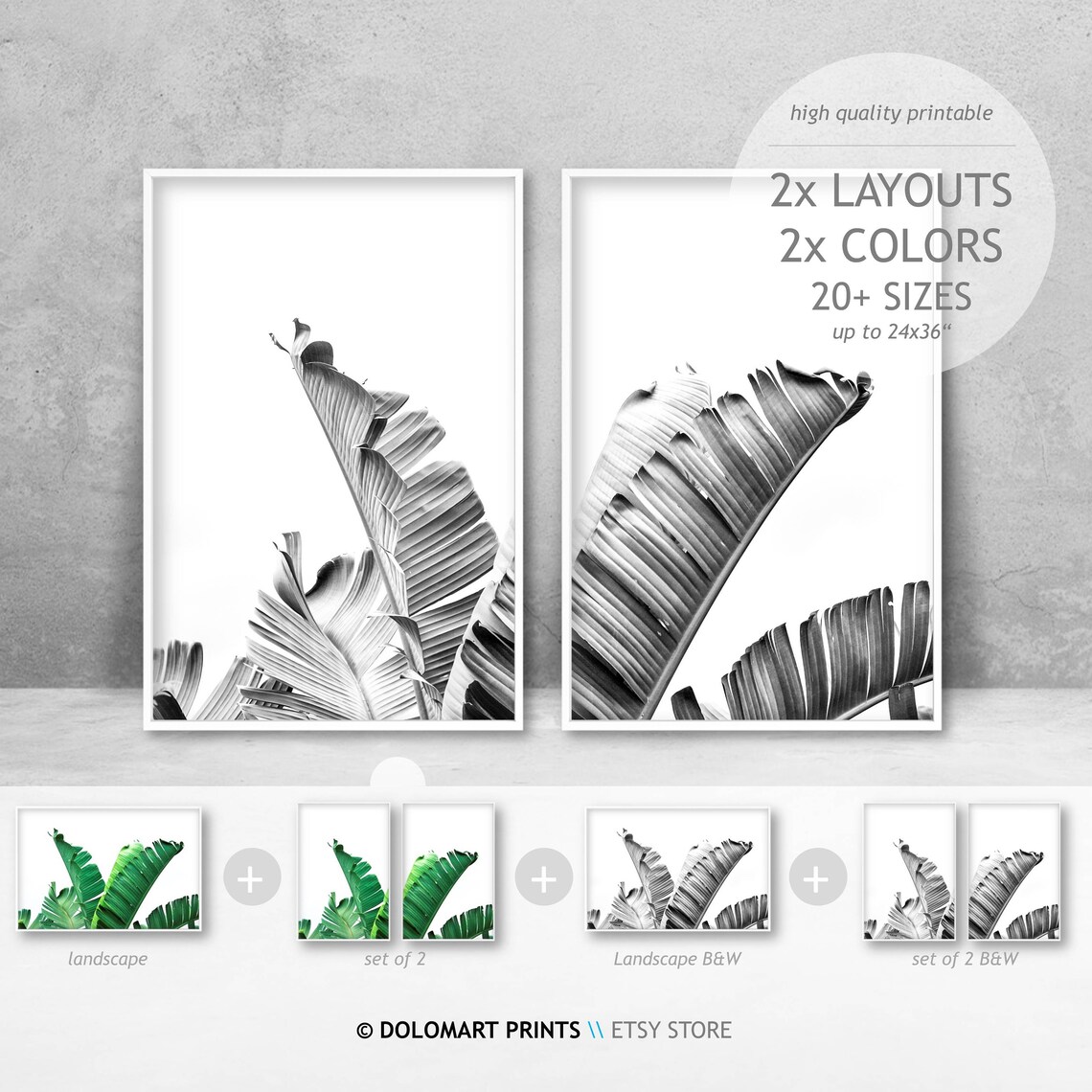 Botanical Prints Rustic Home Decor Greenery Wall Art Set Tropical Botanic Green White Printables Banana Leaf Wall Art Downloads - Image 3