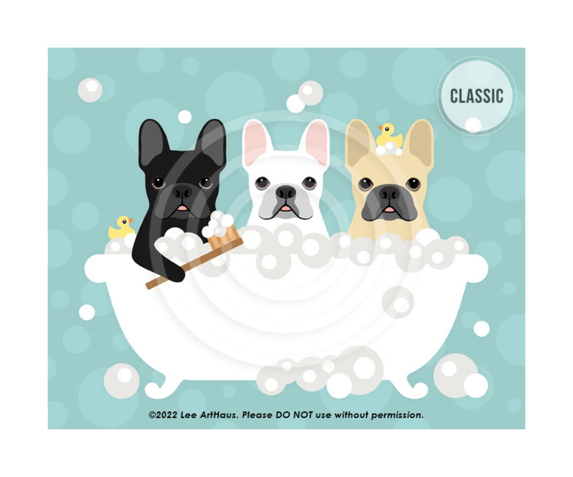 Three French Bulldogs Bubble Bath Teal Bathroom Cute Dog Art Poster