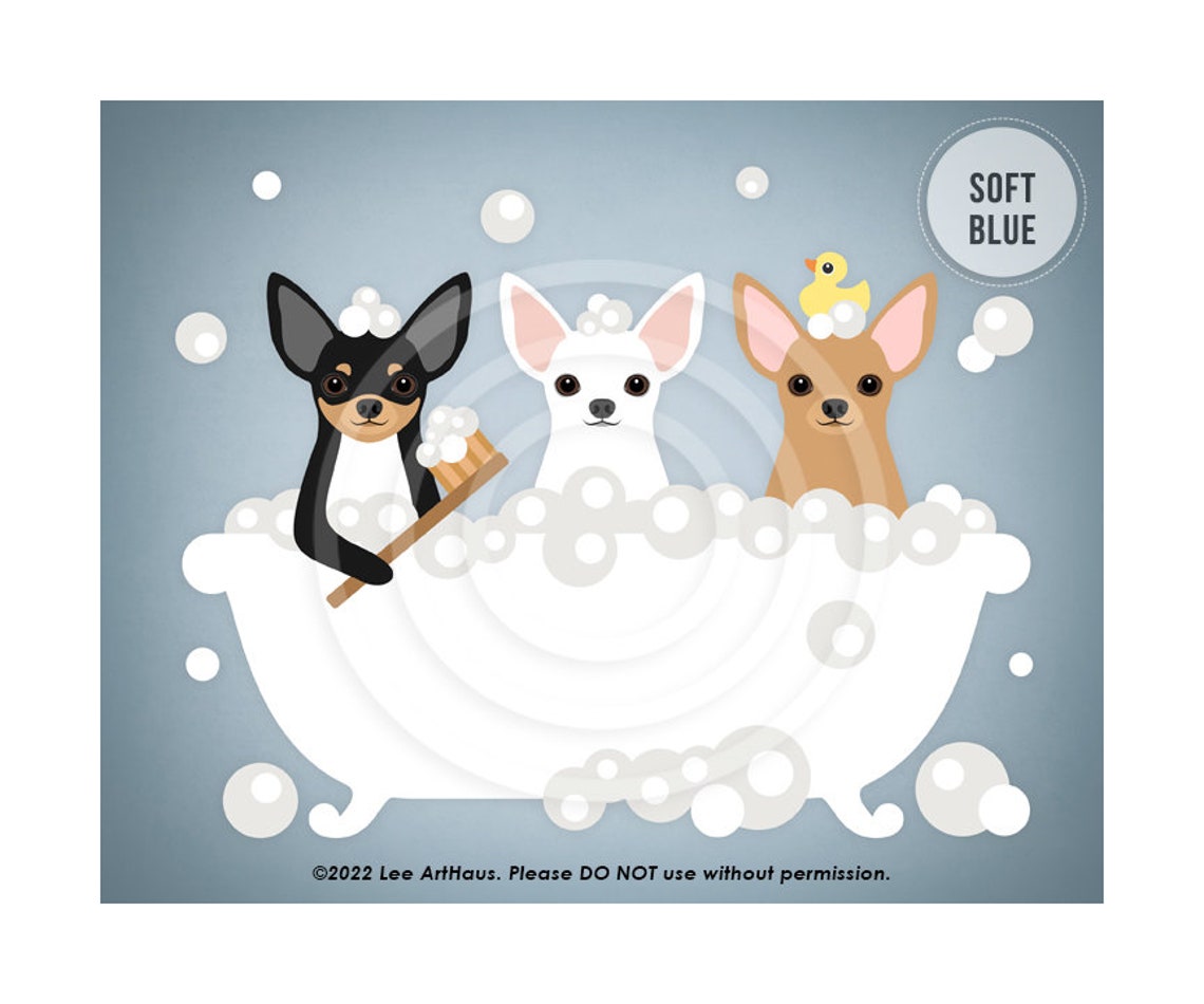 Three Cute Chihuahuas Bubble Bath Tub Party Fun Bathroom Decor Poster - Image 2