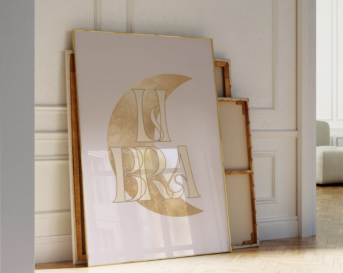 Libra Gold Crescent Moon Art Nouveau Blush Pink Zodiac Typography Poster