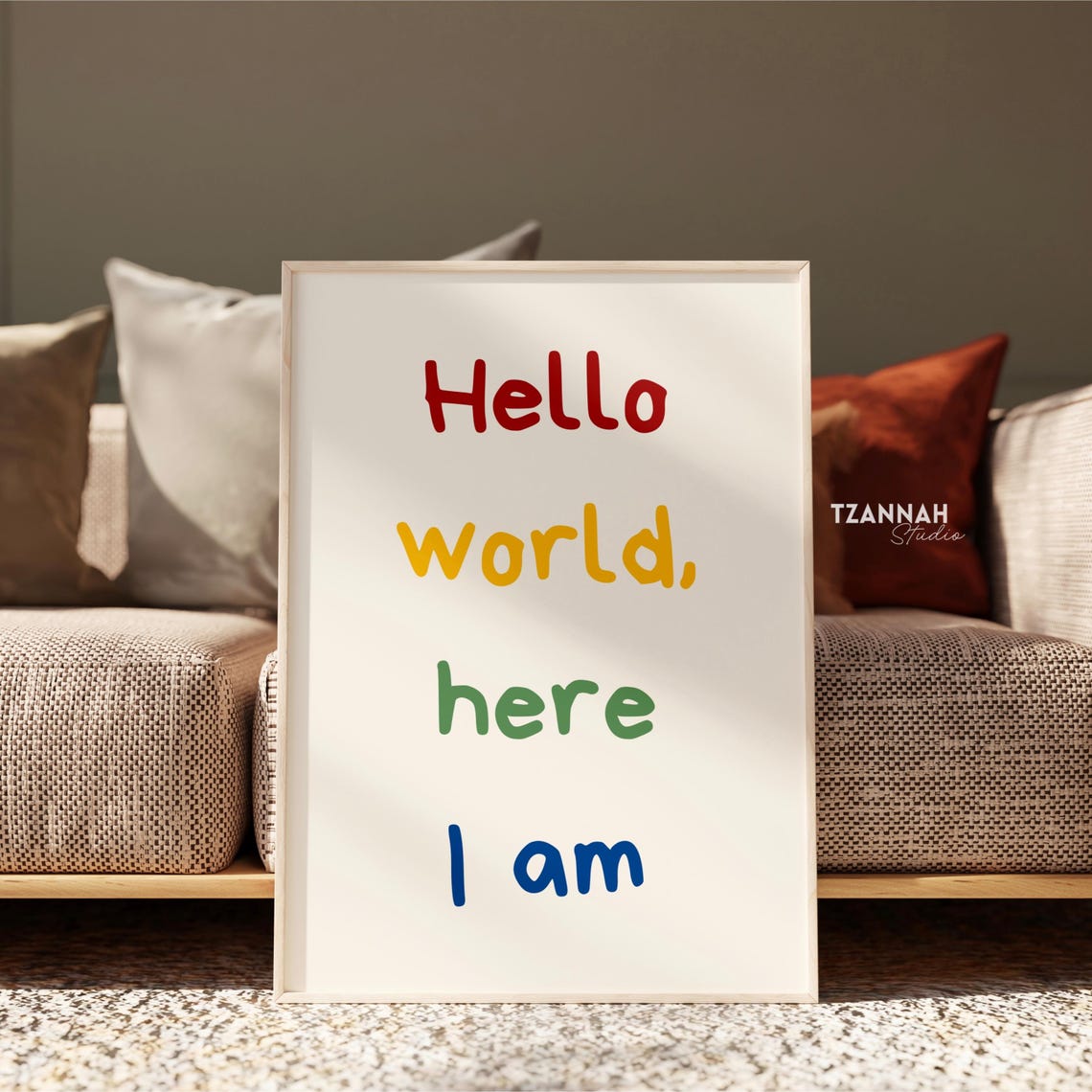 Hello World Here I Am Rainbow Letters Nursery Kids Quote Poster