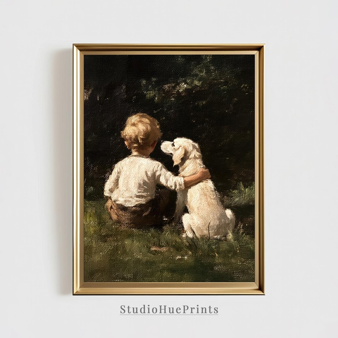 Boy And Dog Vintage Oil Painting, Farmhouse Decor