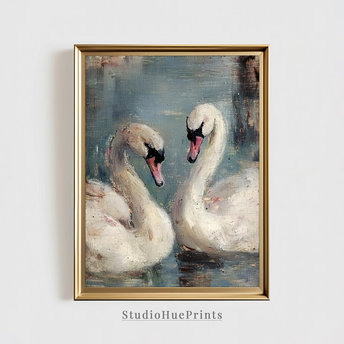 Vintage Swan Art Print, Antique Oil Painting
