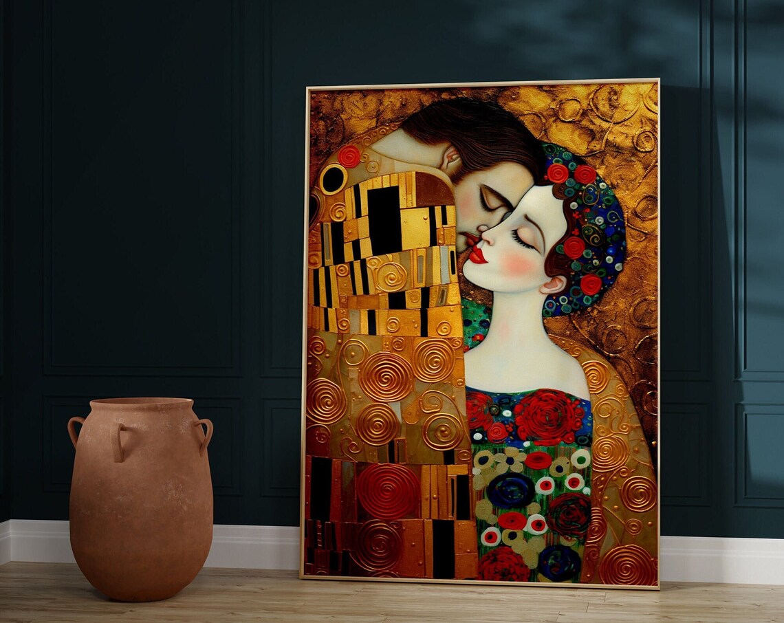 Klimt Style Golden Kiss Embrace with Floral Crown Art Poster - Image 6