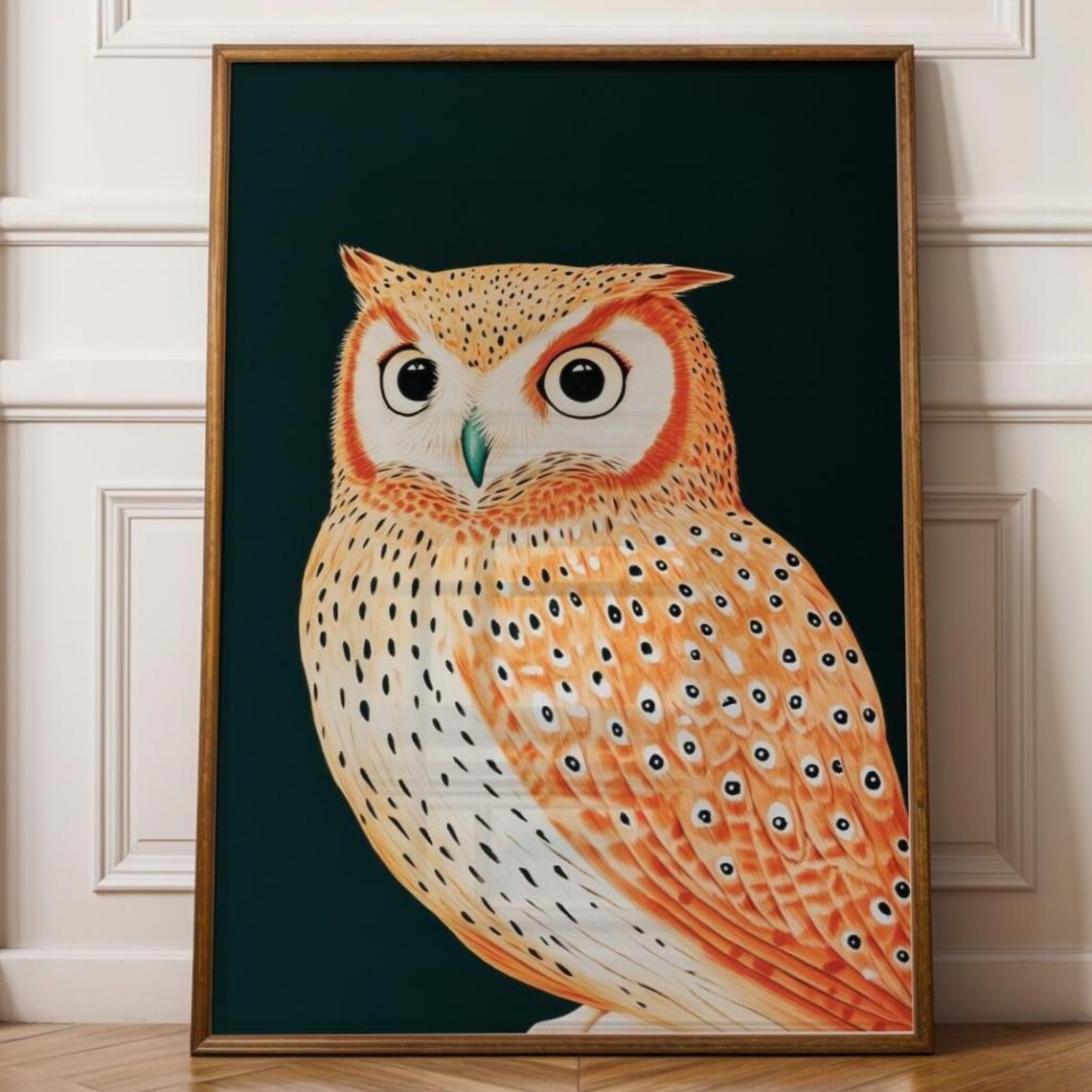 Cute Owl Illustration Big Eyes Dark Teal Background Wall Art