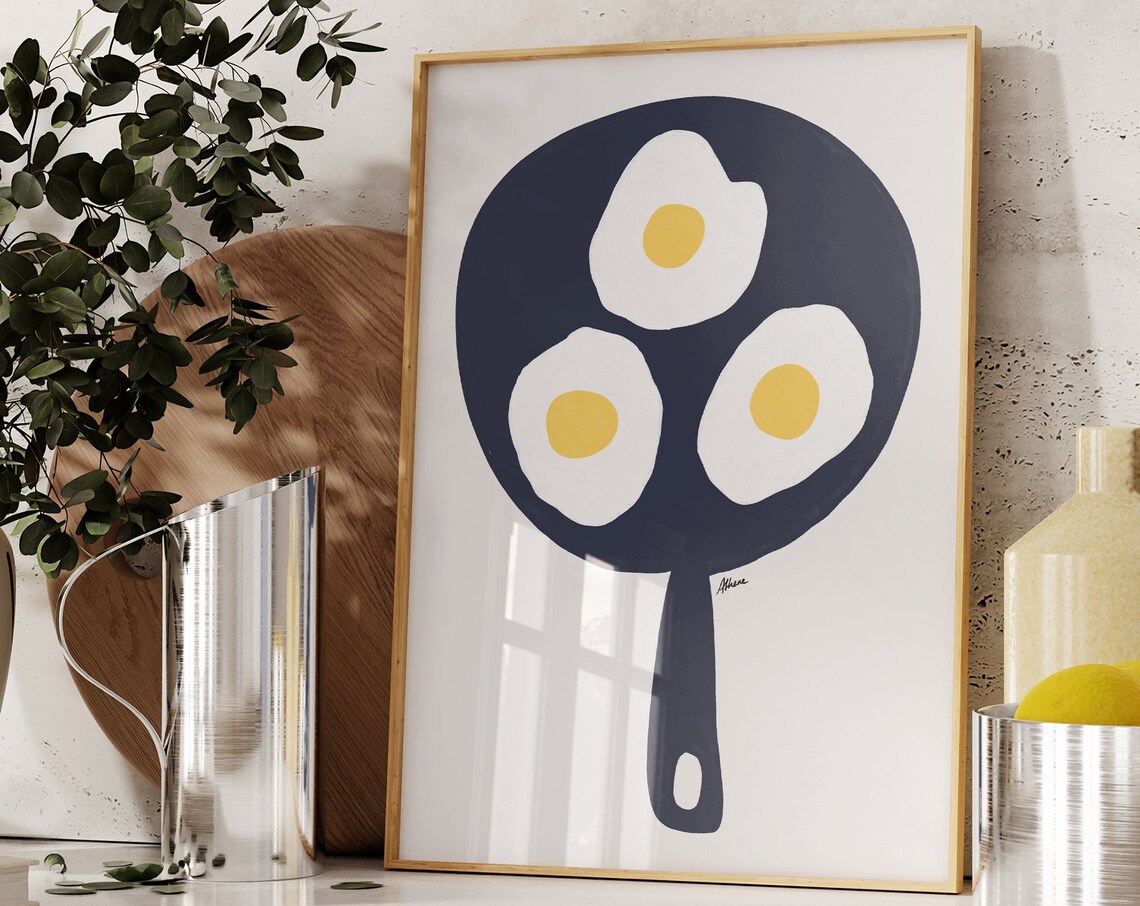 Fried Eggs in Frying Pan Minimalist Kitchen Breakfast Wall Art
