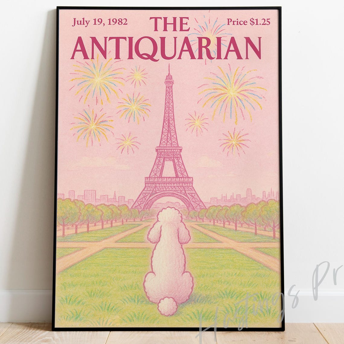 The Antiquarian Paris Eiffel Tower Fireworks Poodle Cover Poster