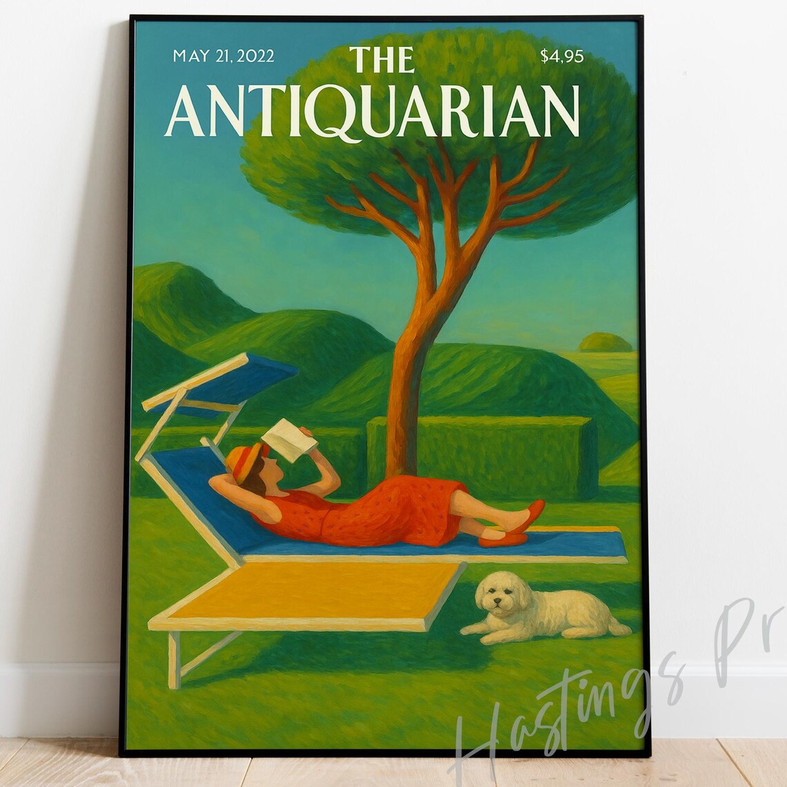 The Antiquarian Woman Reading Under Tree Dog Vintage Cover Poster