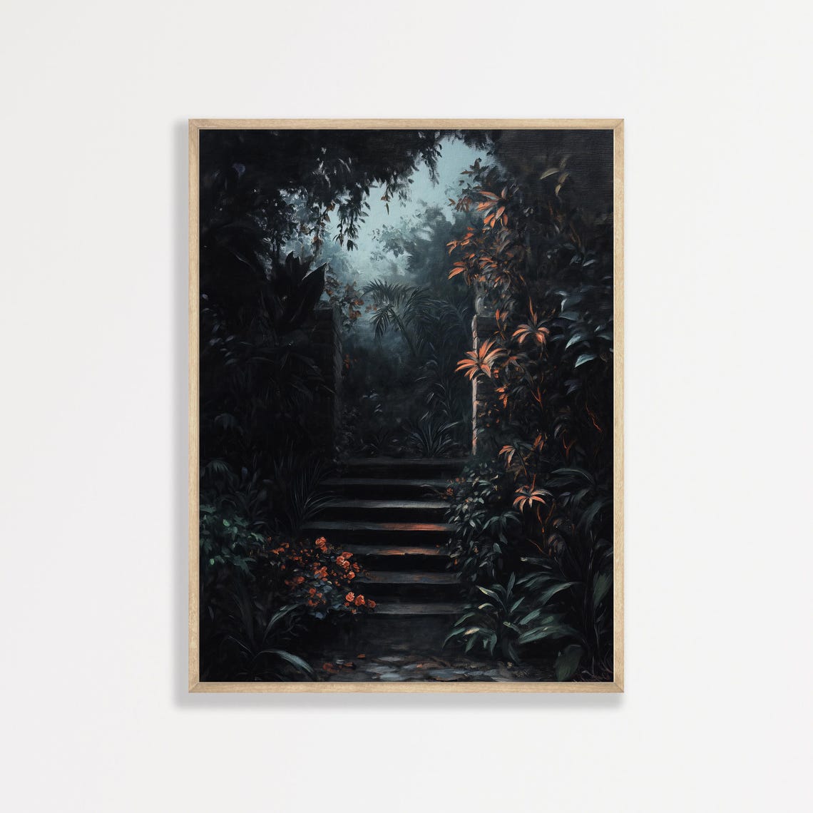 Dark Garden Stone Stairs At Night Moody Botanical Landscape Poster
