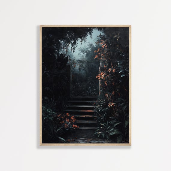 Garden At Night Painting Vintage Moody Botanical Night Landscape Wall Art Antique Dark Maximalist Home Apartment Decor 1025