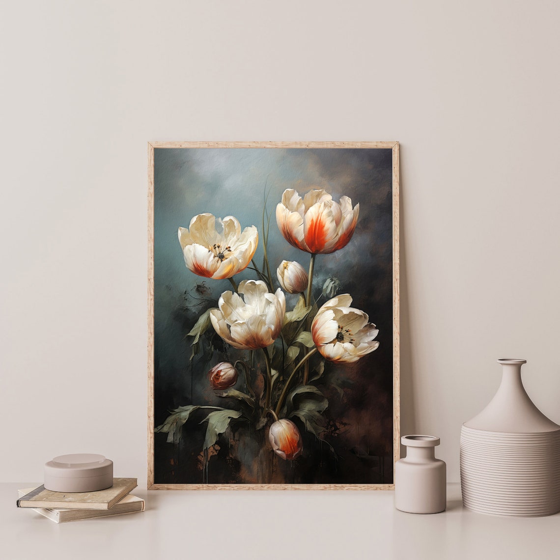Moody Tulip Print Vintage Floral Wall Art Tulip Flowers Oil Painting Antique Farmhouse Decor Dark Living Room Art P 704 - Image 3