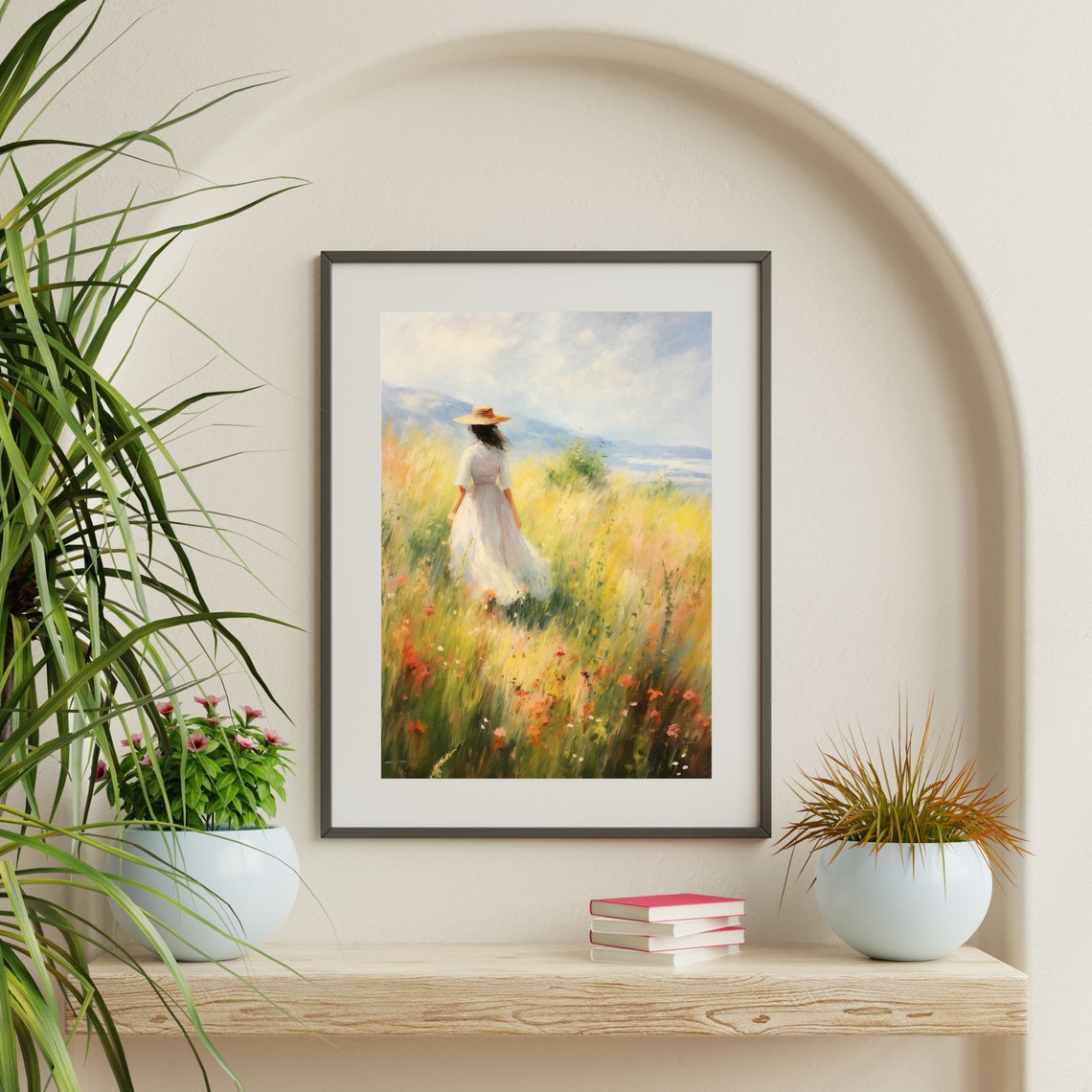 Young Woman in White Dress Straw Hat Meadow Walk Vintage Wall Art - Image 2