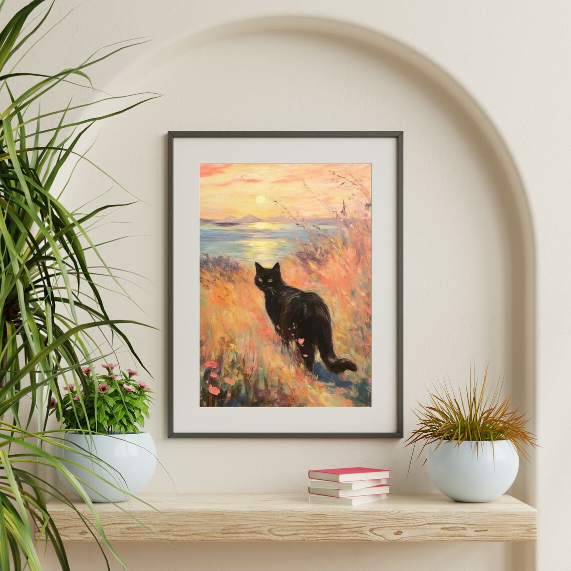 Monet-Inspired Black Cat Coastal Art Print, Retro - Image 2