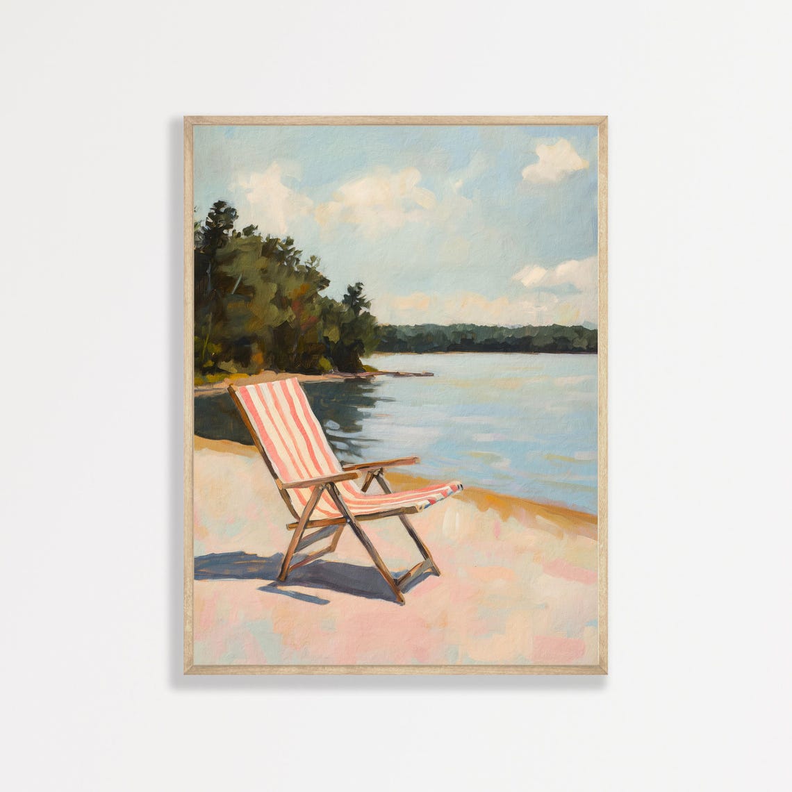 Vintage Striped Beach Chair Quiet Lake Shore Summer Wall Art